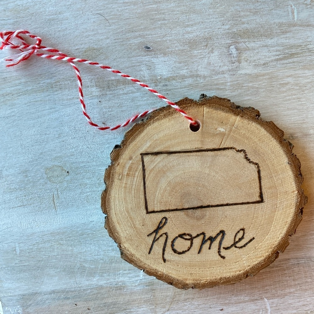 Kansas Home Woodslice ornament, wood burnt